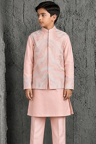 Blush Pink Chanderi Silk Embroidered Nehru Jacket Set For Boys by Sarab Khanijou Kids