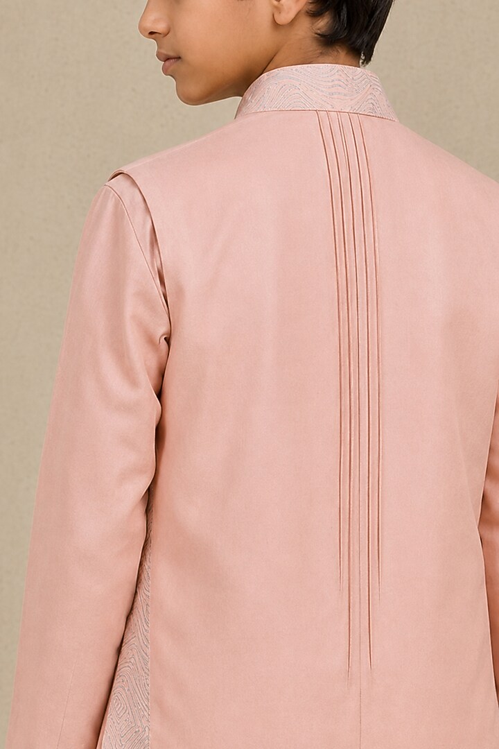 Blush Pink Chanderi Silk Embroidered Nehru Jacket Set For Boys by Sarab Khanijou Kids at Pernia's Pop Up Shop