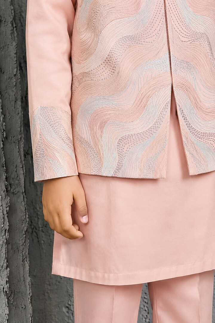Blush Pink Chanderi Silk Embroidered Nehru Jacket Set For Boys by Sarab Khanijou Kids at Pernia's Pop Up Shop