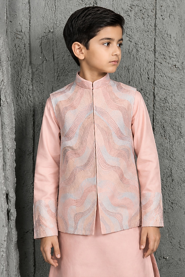 Blush Pink Chanderi Silk Embroidered Nehru Jacket Set For Boys by Sarab Khanijou Kids at Pernia's Pop Up Shop