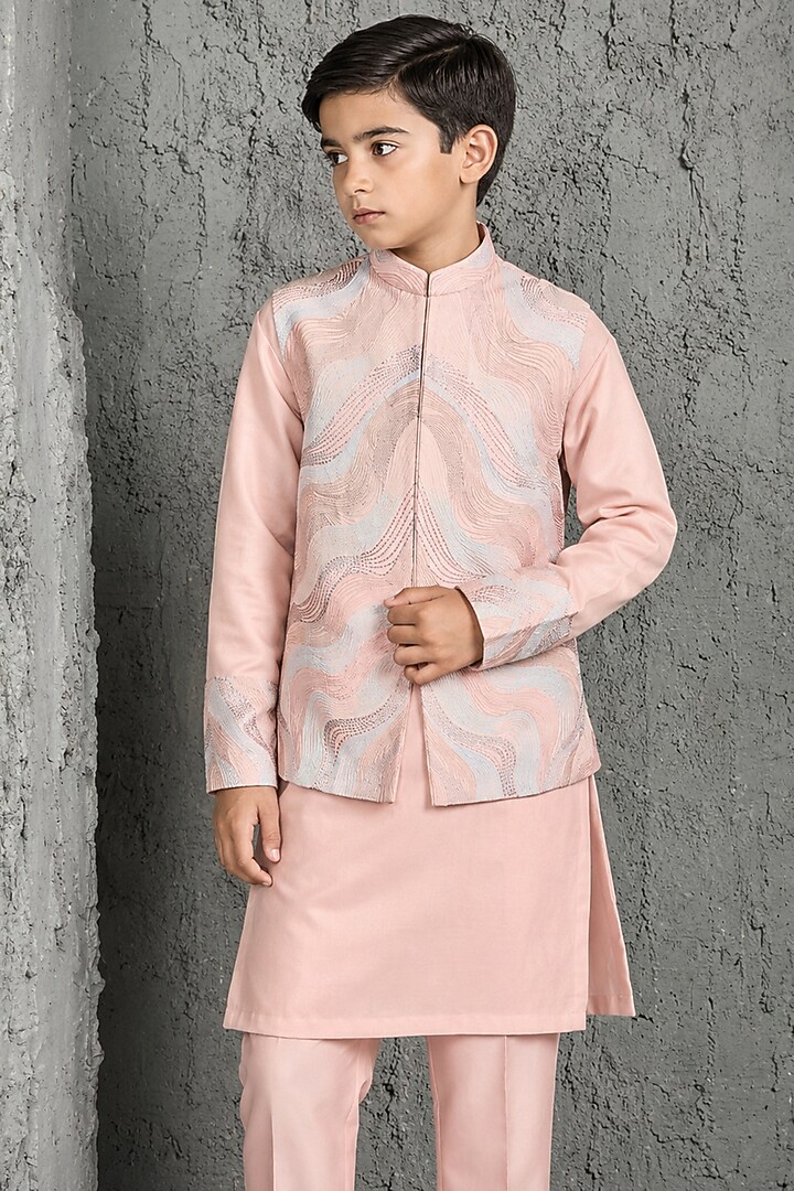Blush Pink Chanderi Silk Embroidered Nehru Jacket Set For Boys by Sarab Khanijou Kids at Pernia's Pop Up Shop