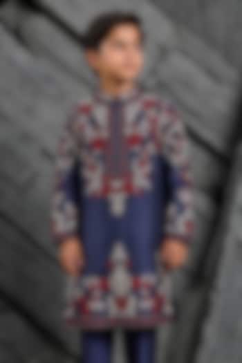 Blue Chanderi Silk Dori Embroidered Kurta Set For Boys by Sarab Khanijou Kids at Pernia's Pop Up Shop