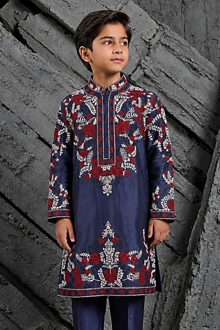 Blue Chanderi Silk Dori Embroidered Kurta Set For Boys by Sarab Khanijou Kids