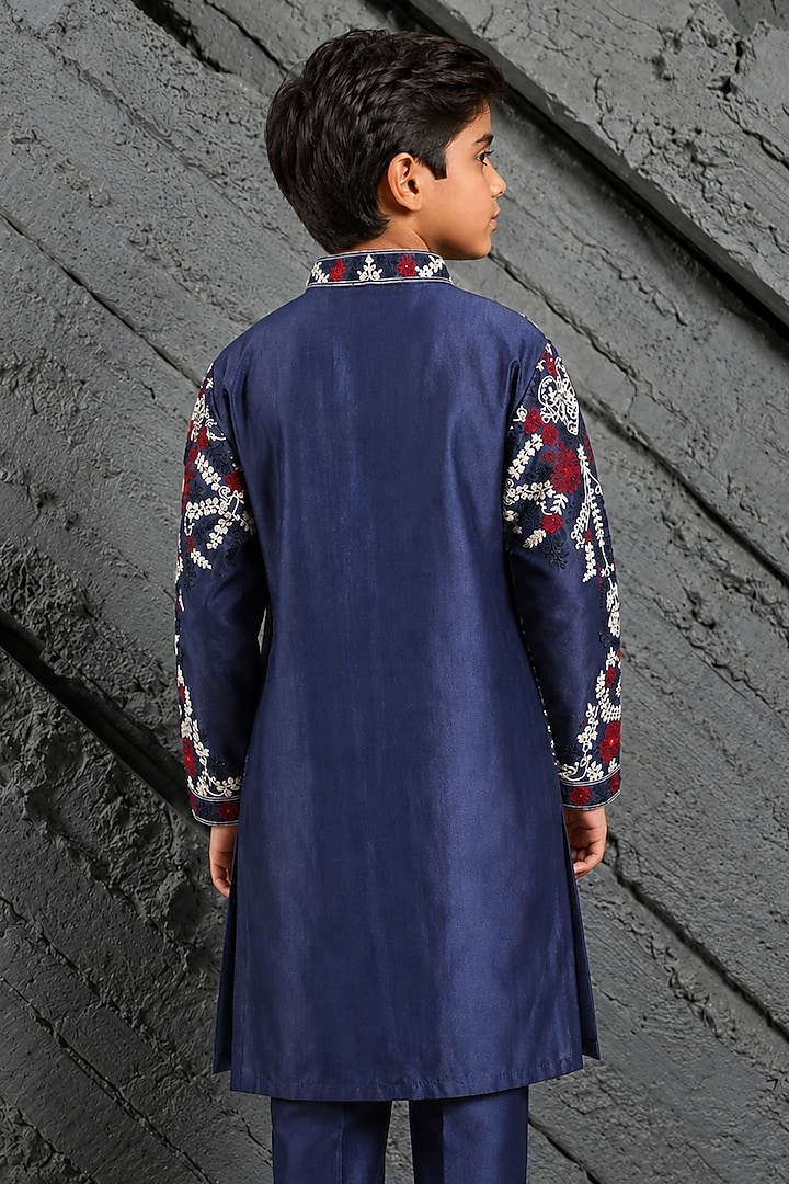 Blue Chanderi Silk Dori Embroidered Kurta Set For Boys by Sarab Khanijou Kids at Pernia's Pop Up Shop