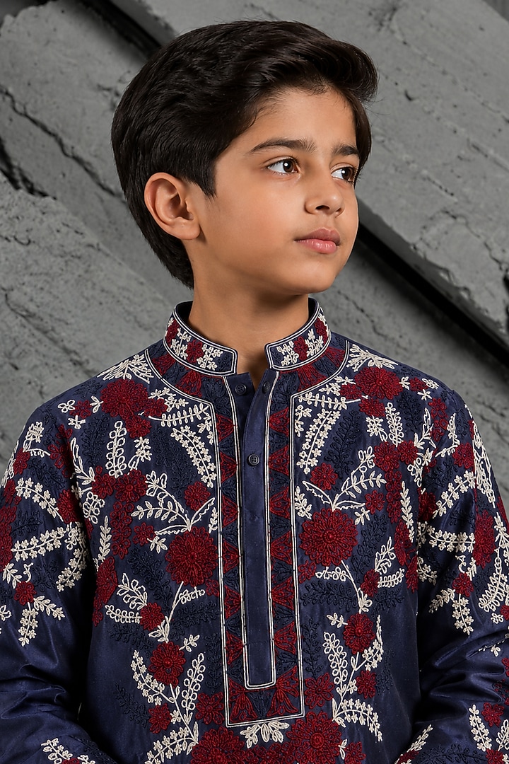 Blue Chanderi Silk Dori Embroidered Kurta Set For Boys by Sarab Khanijou Kids at Pernia's Pop Up Shop