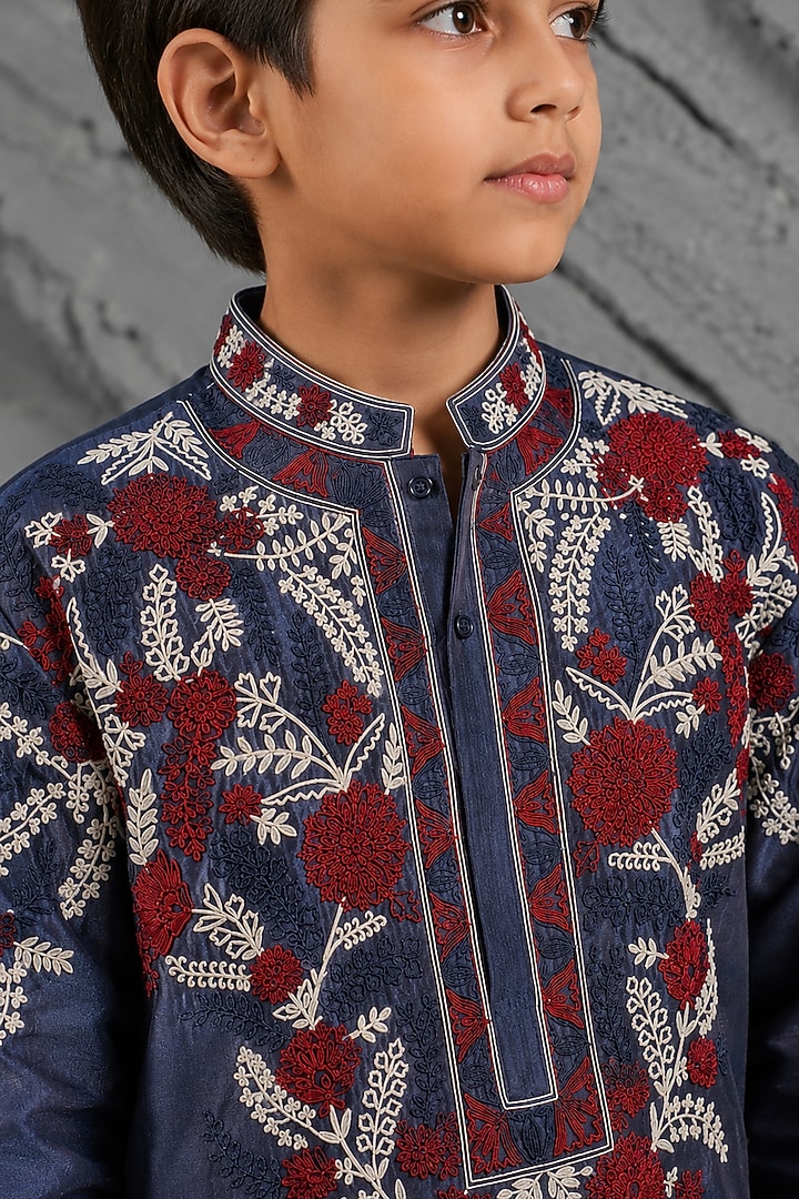 Blue Chanderi Silk Dori Embroidered Kurta Set For Boys by Sarab Khanijou Kids at Pernia's Pop Up Shop