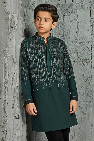 Green Sandwash Cutdana Embroidered Kurta Set For Boys by Sarab Khanijou Kids