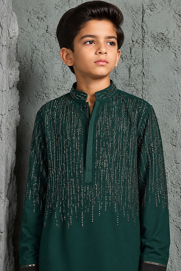 Green Sandwash Cutdana Embroidered Kurta Set For Boys by Sarab Khanijou Kids at Pernia's Pop Up Shop