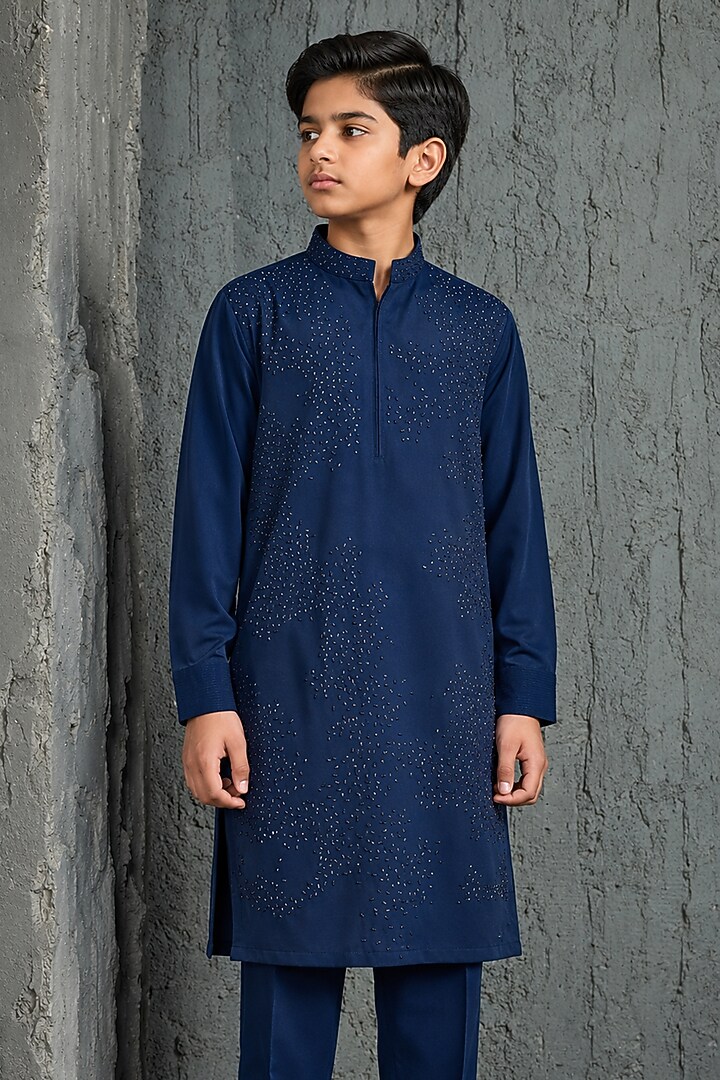 Blue Sandwash Cutdana Embroidered Kurta Set For Boys by Sarab Khanijou Kids at Pernia's Pop Up Shop