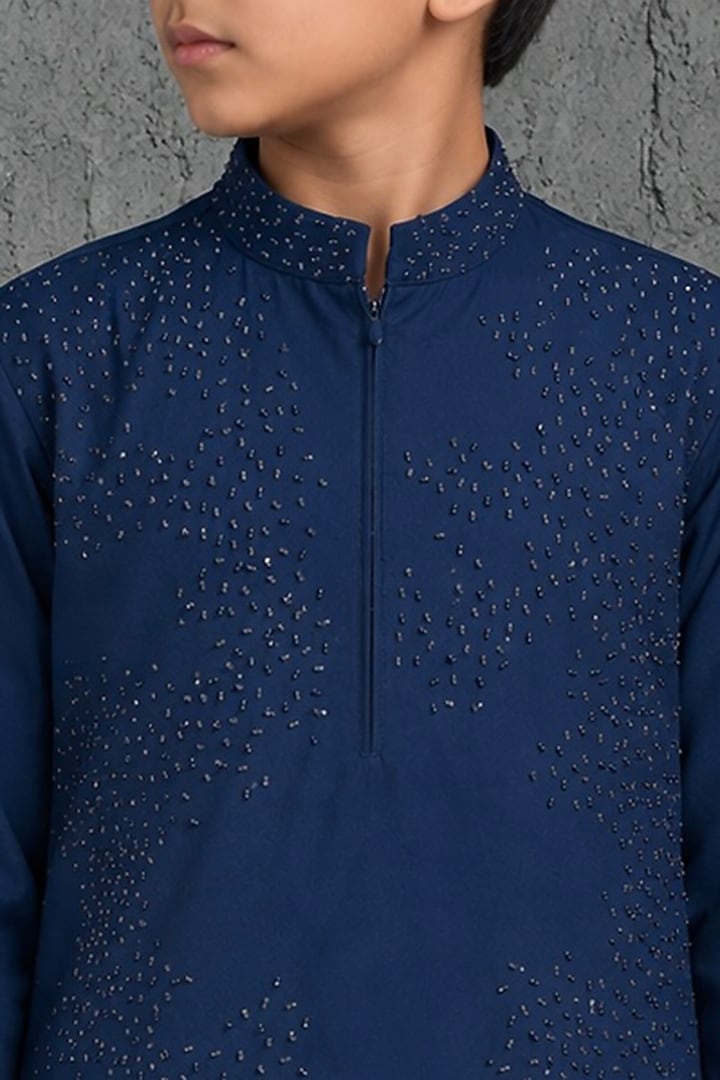 Blue Sandwash Cutdana Embroidered Kurta Set For Boys by Sarab Khanijou Kids at Pernia's Pop Up Shop