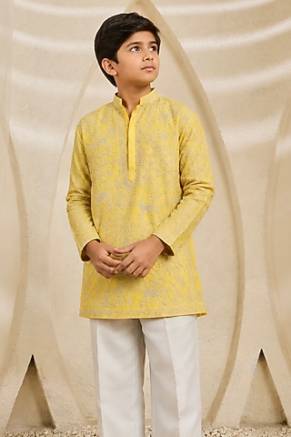 Yellow Chanderi Silk Cutdana Embroidered Kurta Set For Boys by Sarab Khanijou Kids