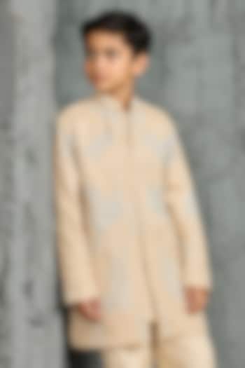 Beige Chanderi Silk Cutdana Embroidered Kurta Set For Boys by Sarab Khanijou Kids at Pernia's Pop Up Shop