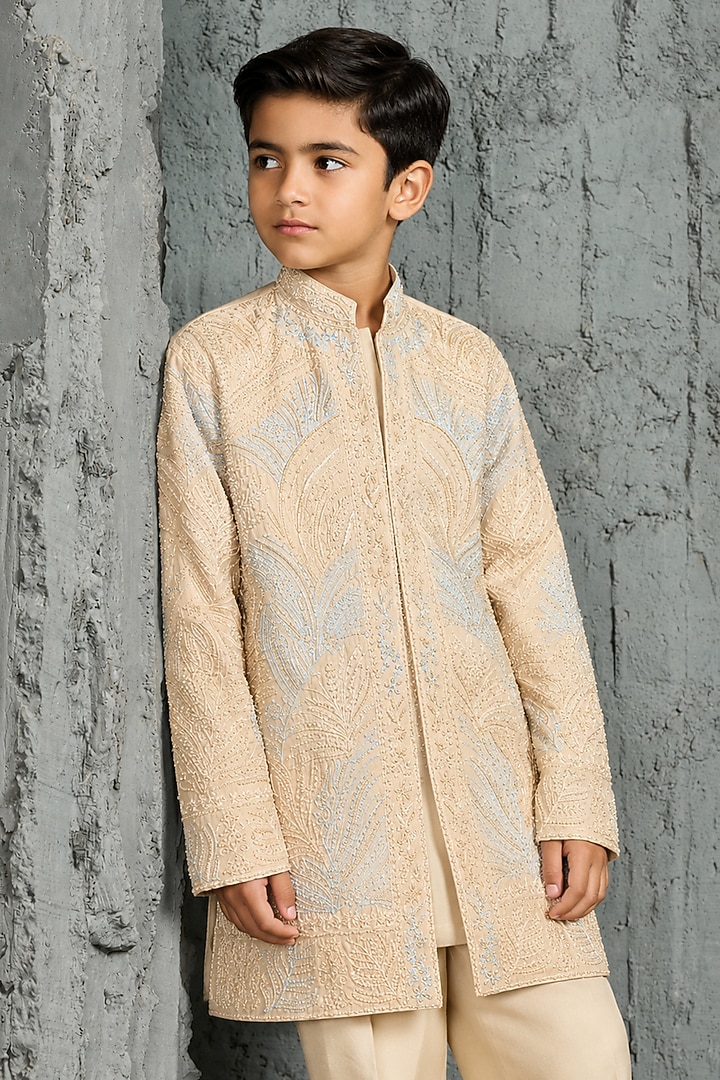 Beige Chanderi Silk Cutdana Embroidered Kurta Set For Boys by Sarab Khanijou Kids at Pernia's Pop Up Shop