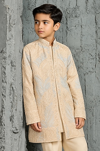 Beige Chanderi Silk Cutdana Embroidered Kurta Set For Boys by Sarab Khanijou Kids