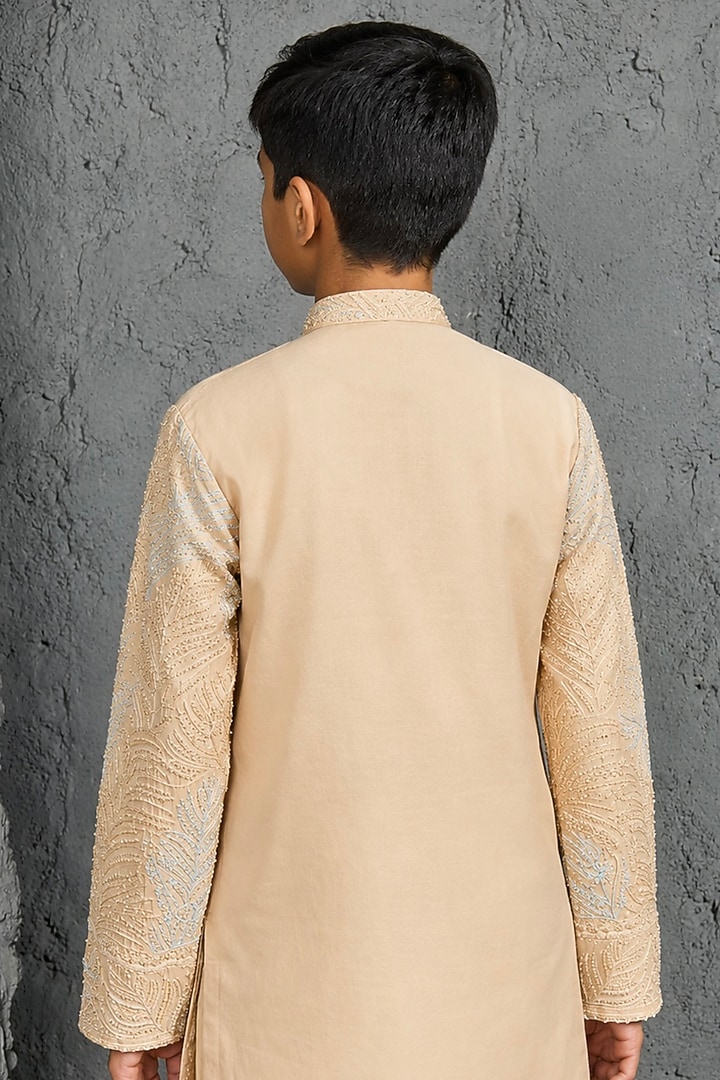 Beige Chanderi Silk Cutdana Embroidered Kurta Set For Boys by Sarab Khanijou Kids at Pernia's Pop Up Shop