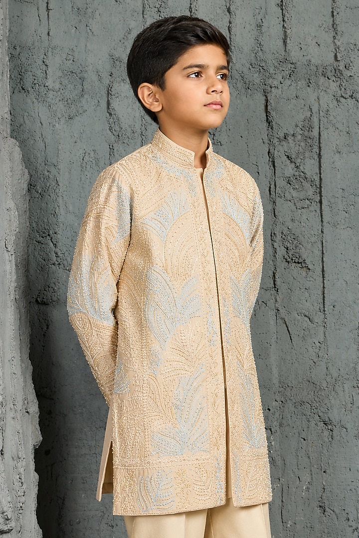 Beige Chanderi Silk Cutdana Embroidered Kurta Set For Boys by Sarab Khanijou Kids at Pernia's Pop Up Shop