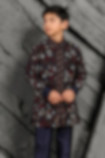 Blue Chanderi Silk Sequin Embroidered Kurta Set For Boys by Sarab Khanijou Kids at Pernia's Pop Up Shop