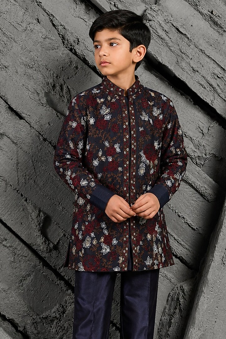 Blue Chanderi Silk Sequin Embroidered Kurta Set For Boys by Sarab Khanijou Kids at Pernia's Pop Up Shop