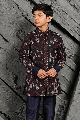 Blue Chanderi Silk Sequin Embroidered Kurta Set For Boys by Sarab Khanijou Kids