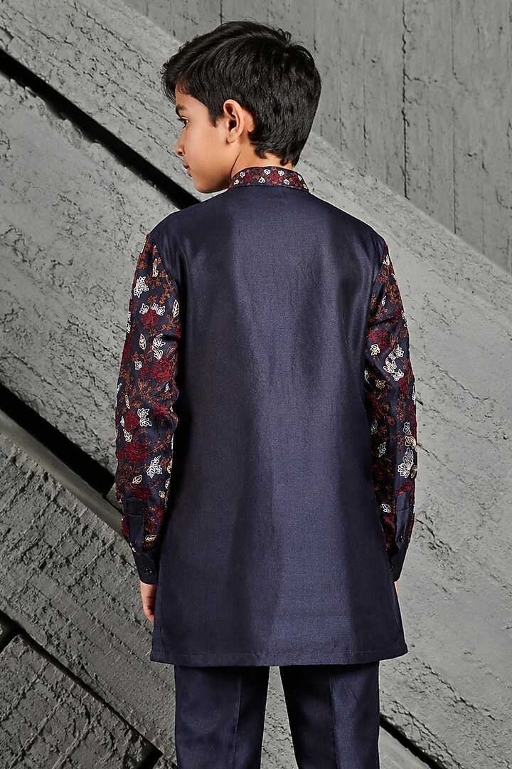 Blue Chanderi Silk Sequin Embroidered Kurta Set For Boys by Sarab Khanijou Kids at Pernia's Pop Up Shop