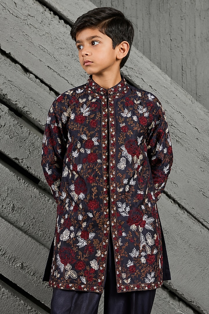 Blue Chanderi Silk Sequin Embroidered Kurta Set For Boys by Sarab Khanijou Kids at Pernia's Pop Up Shop