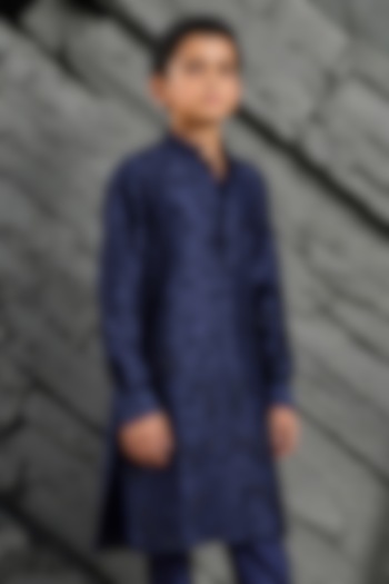 Blue Chanderi Silk Floral Embroidered Kurta Set For Boys by Sarab Khanijou Kids at Pernia's Pop Up Shop