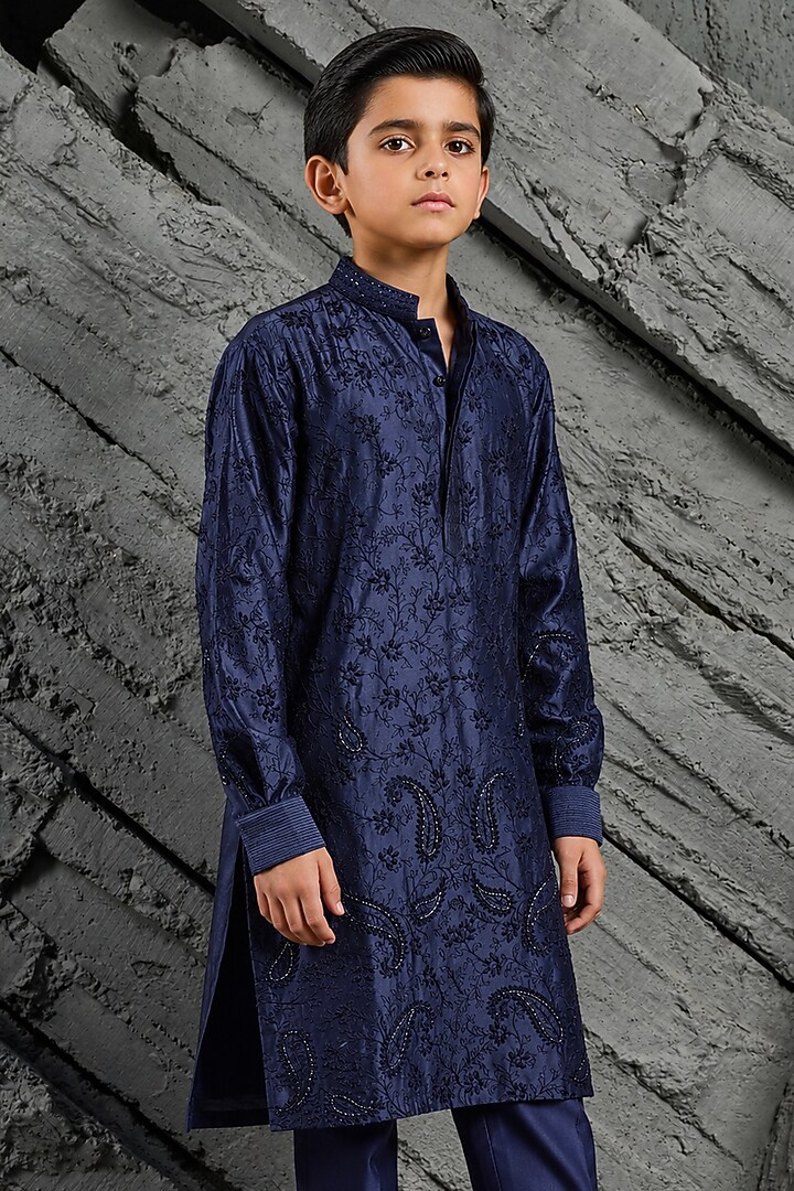 Blue Chanderi Silk Floral Embroidered Kurta Set For Boys by Sarab Khanijou Kids at Pernia's Pop Up Shop