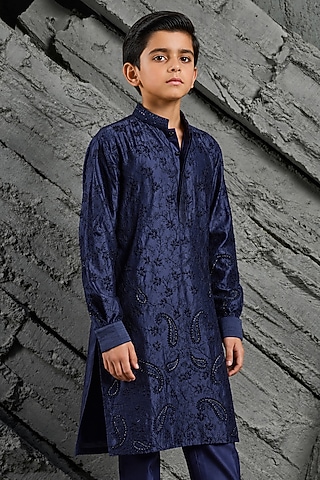 Blue Chanderi Silk Floral Embroidered Kurta Set For Boys by Sarab Khanijou Kids
