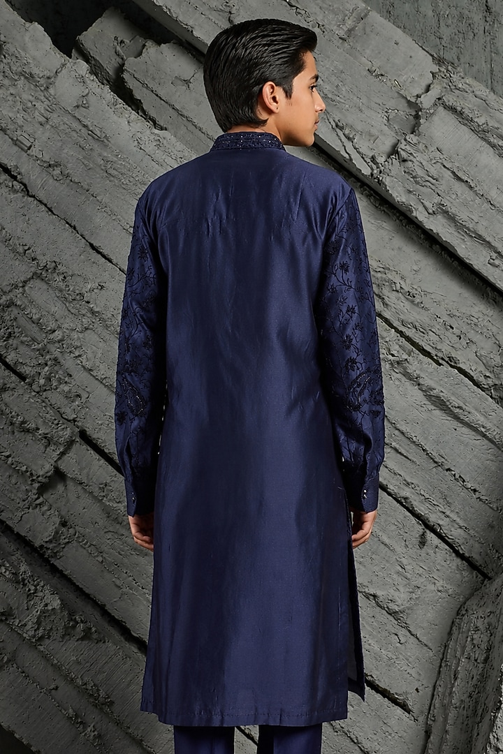 Blue Chanderi Silk Floral Embroidered Kurta Set For Boys by Sarab Khanijou Kids at Pernia's Pop Up Shop
