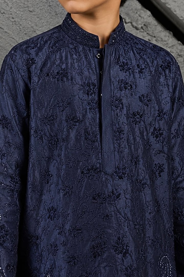 Blue Chanderi Silk Floral Embroidered Kurta Set For Boys by Sarab Khanijou Kids at Pernia's Pop Up Shop
