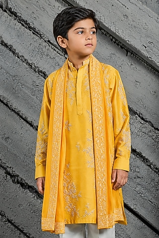 Yellow Chanderi Silk Floral Embroidered Kurta Set For Boys by Sarab Khanijou Kids