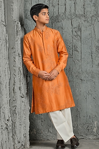 Orange Chanderi Silk Sequin Embroidered Kurta Set For Boys by Sarab Khanijou Kids
