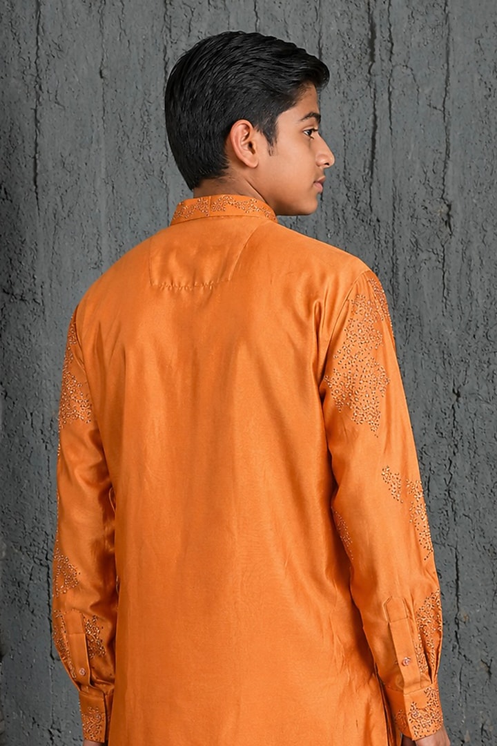 Orange Chanderi Silk Sequin Embroidered Kurta Set For Boys by Sarab Khanijou Kids at Pernia's Pop Up Shop