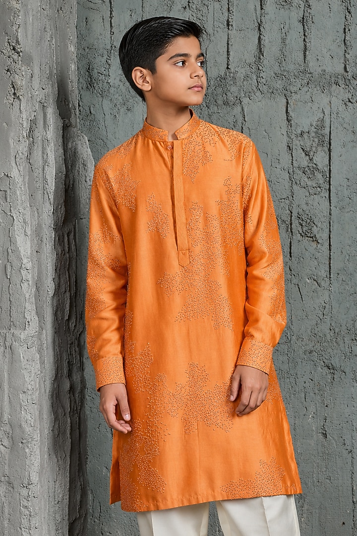 Orange Chanderi Silk Sequin Embroidered Kurta Set For Boys by Sarab Khanijou Kids at Pernia's Pop Up Shop