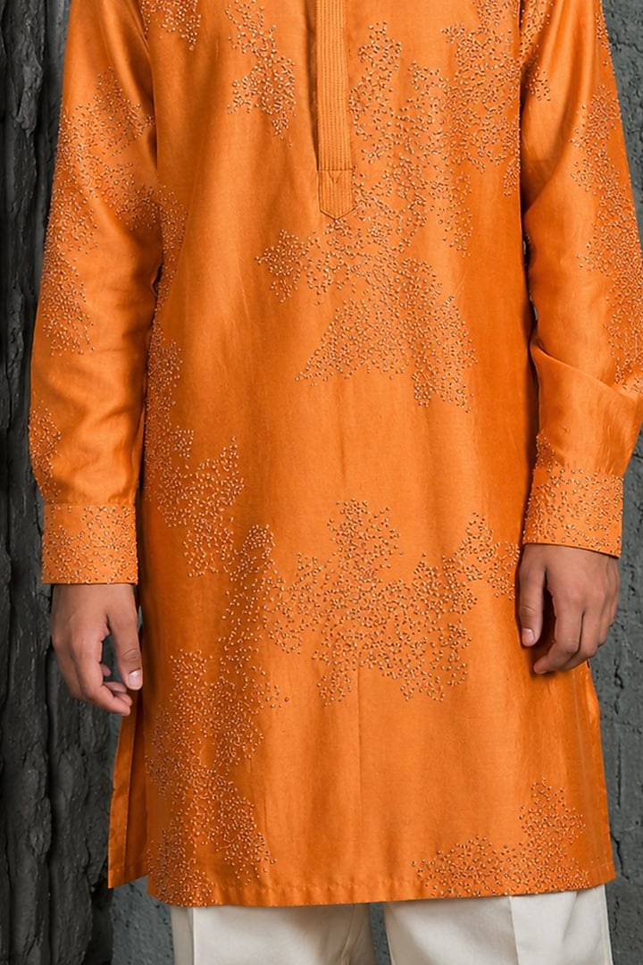 Orange Chanderi Silk Sequin Embroidered Kurta Set For Boys by Sarab Khanijou Kids at Pernia's Pop Up Shop