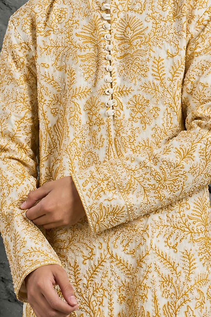 Dusty Ivory Chanderi Silk Cutdana Embroidered Kurta Set For Boys by Sarab Khanijou Kids at Pernia's Pop Up Shop