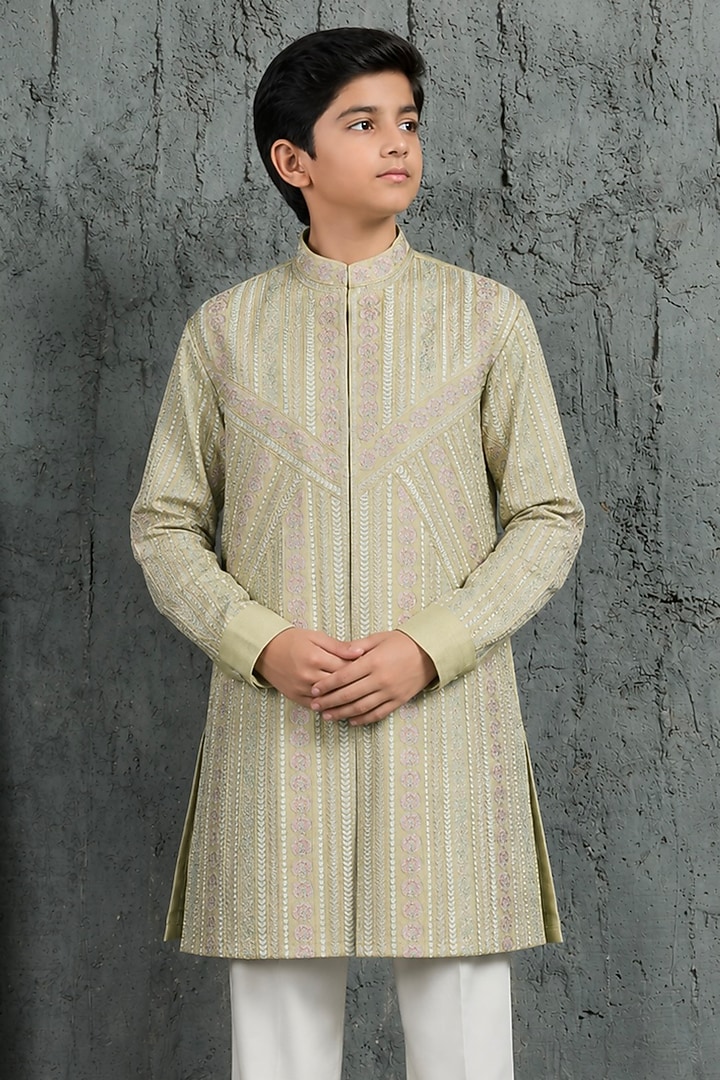 Mint Green Chanderi Silk Motif Embroidered Kurta Set For Boys by Sarab Khanijou Kids at Pernia's Pop Up Shop