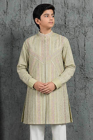 Mint Green Chanderi Silk Motif Embroidered Kurta Set For Boys by Sarab Khanijou Kids