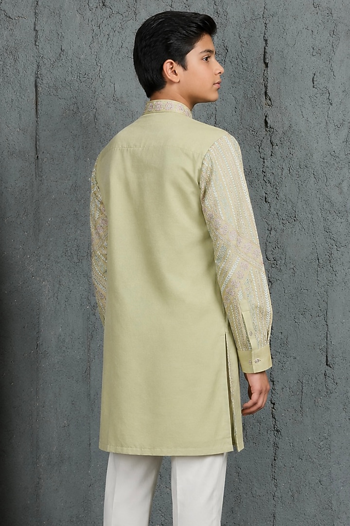 Mint Green Chanderi Silk Motif Embroidered Kurta Set For Boys by Sarab Khanijou Kids at Pernia's Pop Up Shop