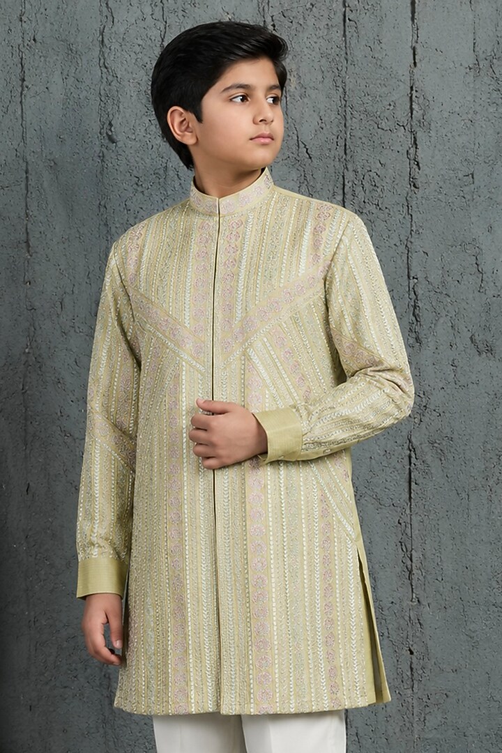Mint Green Chanderi Silk Motif Embroidered Kurta Set For Boys by Sarab Khanijou Kids at Pernia's Pop Up Shop