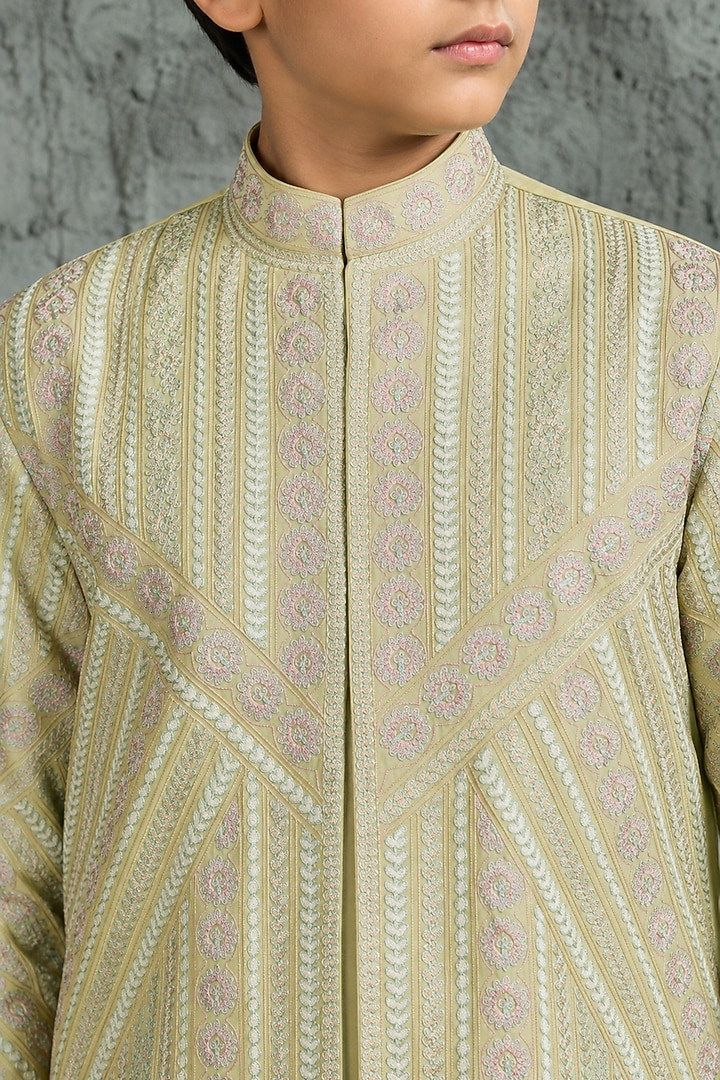Mint Green Chanderi Silk Motif Embroidered Kurta Set For Boys by Sarab Khanijou Kids at Pernia's Pop Up Shop