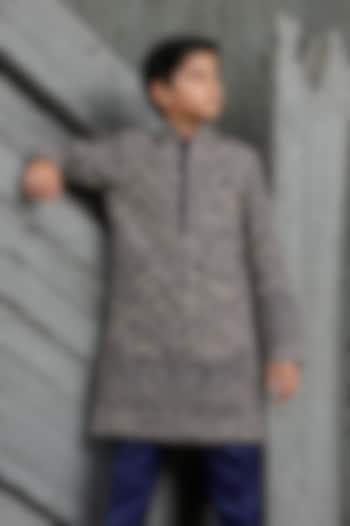 Orange Chanderi Silk Floral Embroidered Kurta Set For Boys by Sarab Khanijou Kids at Pernia's Pop Up Shop