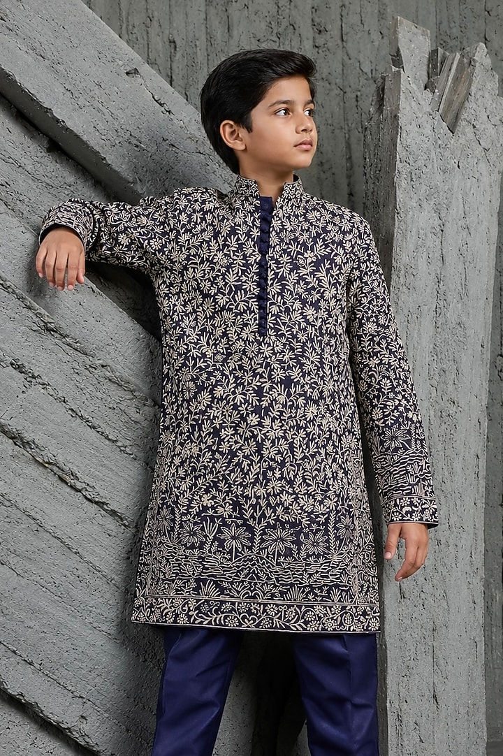 Orange Chanderi Silk Floral Embroidered Kurta Set For Boys by Sarab Khanijou Kids at Pernia's Pop Up Shop