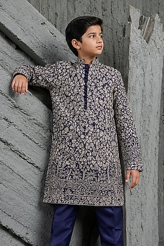 Orange Chanderi Silk Floral Embroidered Kurta Set For Boys by Sarab Khanijou Kids