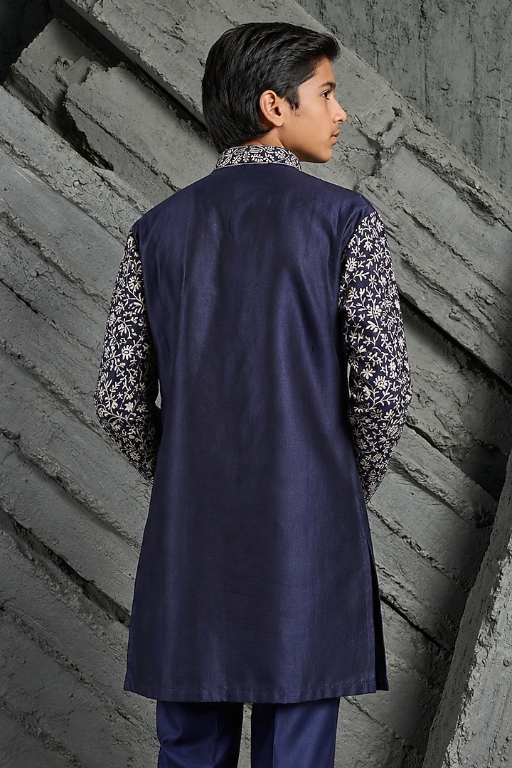 Orange Chanderi Silk Floral Embroidered Kurta Set For Boys by Sarab Khanijou Kids at Pernia's Pop Up Shop