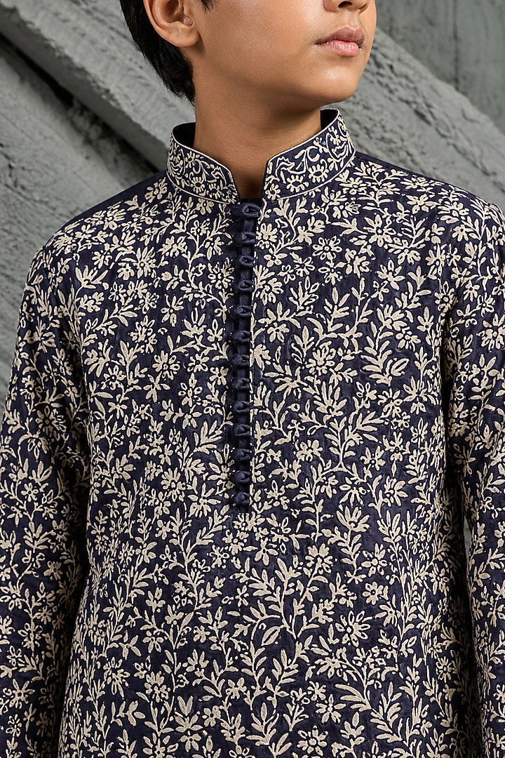 Orange Chanderi Silk Floral Embroidered Kurta Set For Boys by Sarab Khanijou Kids at Pernia's Pop Up Shop