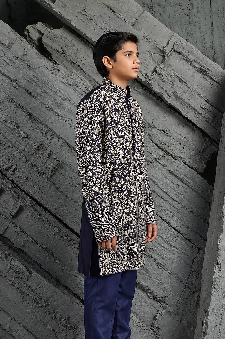 Orange Chanderi Silk Floral Embroidered Kurta Set For Boys by Sarab Khanijou Kids at Pernia's Pop Up Shop