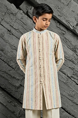 Off-White Chanderi Silk Motif Embroidered Kurta Set For Boys by Sarab Khanijou Kids