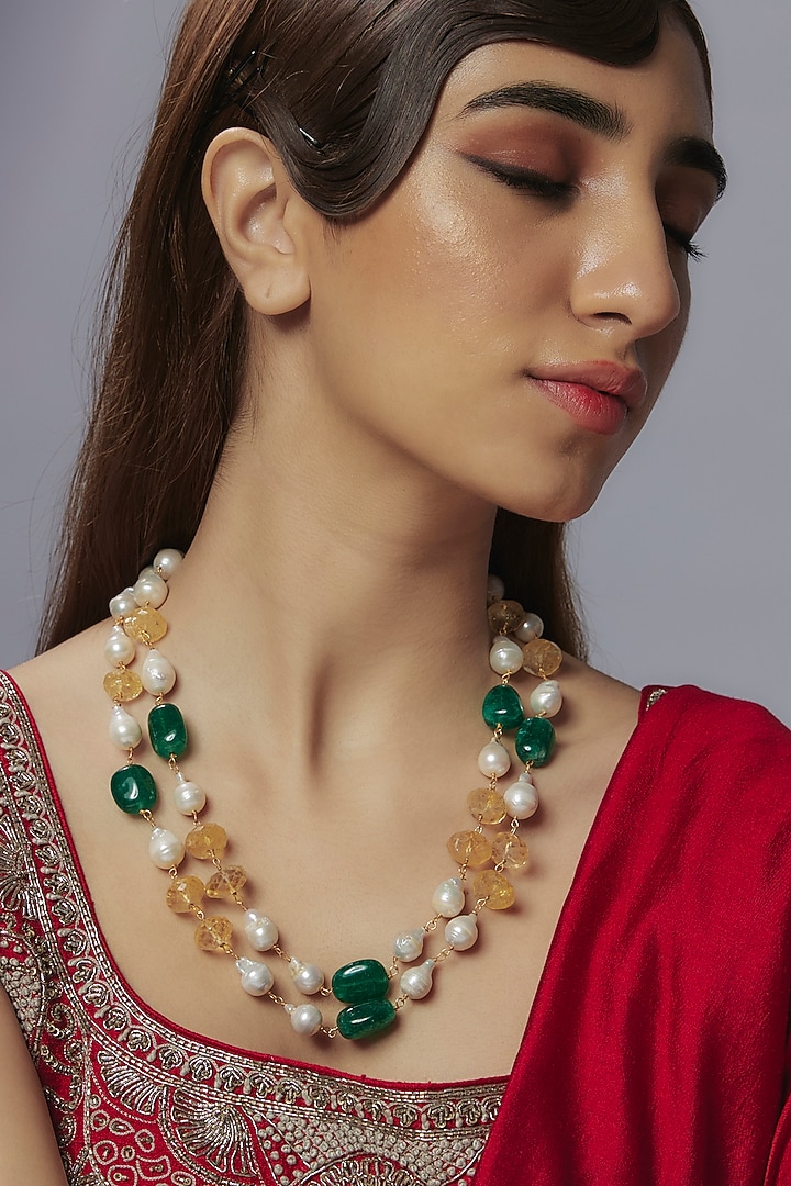 Gold Finish Green Quartz & Pearl Layered Necklace by Jovi Jewels at Pernia's Pop Up Shop