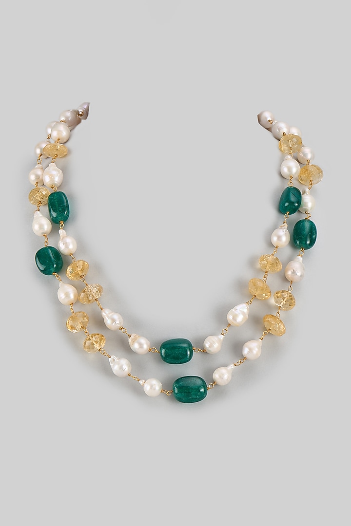 Gold Finish Green Quartz & Pearl Layered Necklace by Jovi Jewels at Pernia's Pop Up Shop